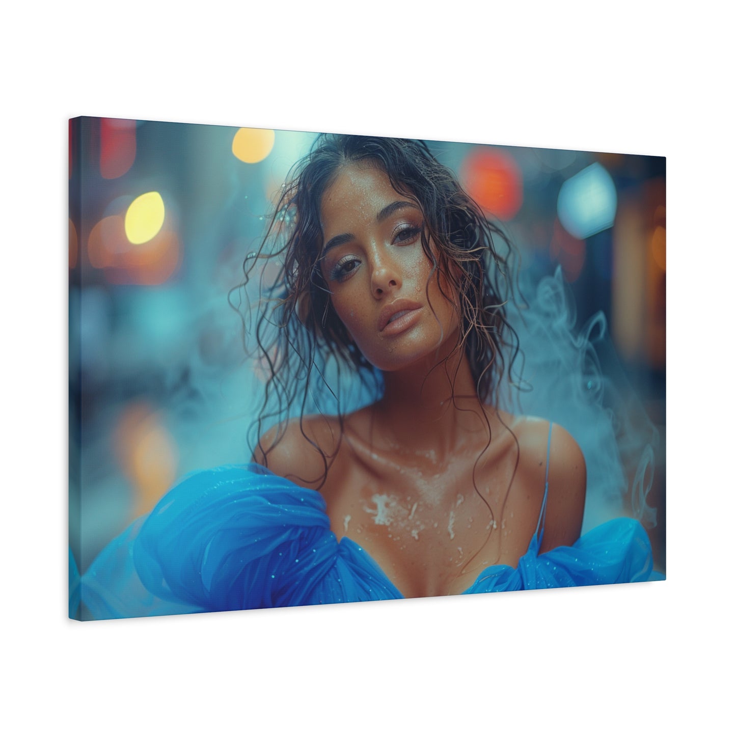Blue Smoke Muse – Rain-Drenched Street Portrait | Luxury Wall Art Canvas