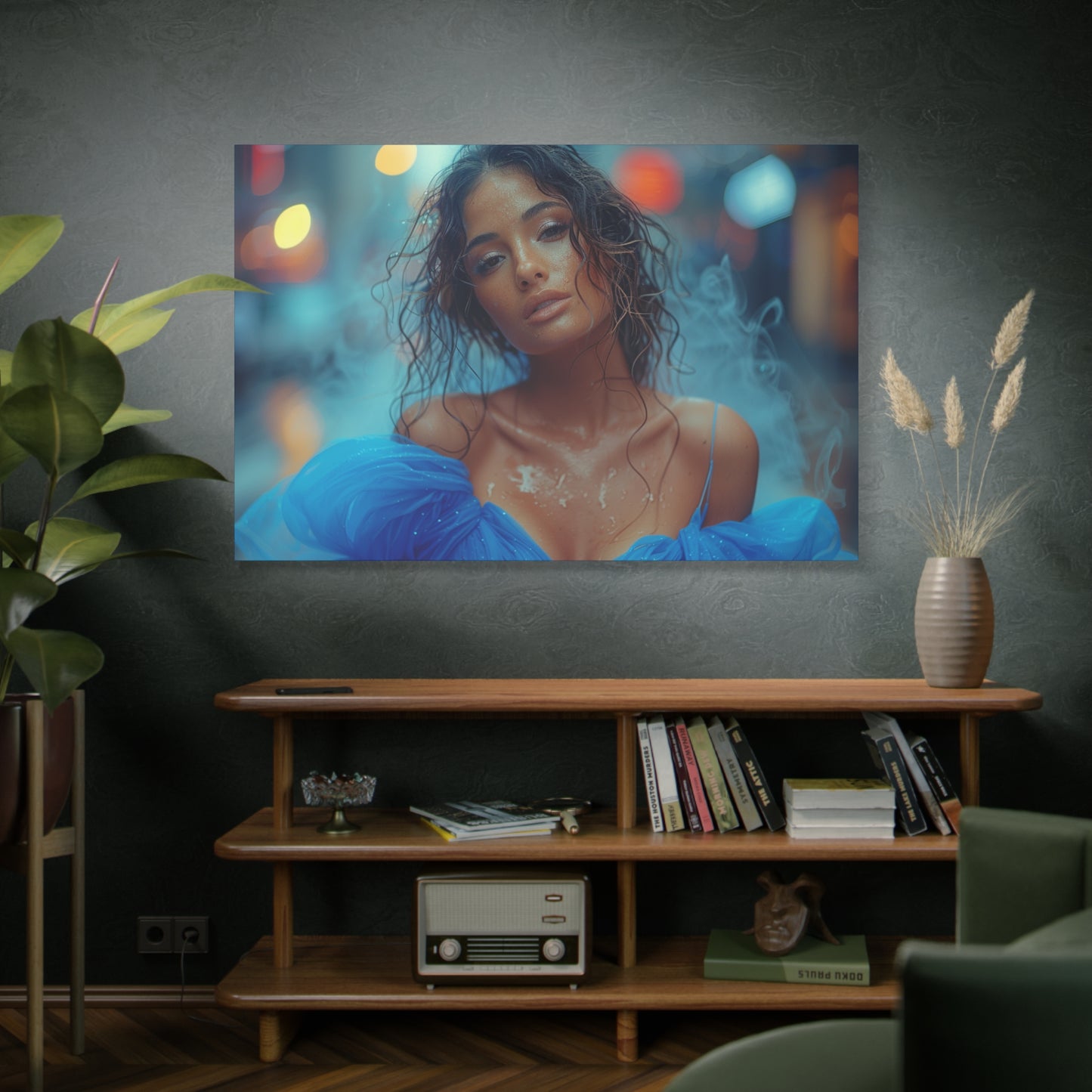 Blue Smoke Muse – Rain-Drenched Street Portrait | Luxury Wall Art Canvas