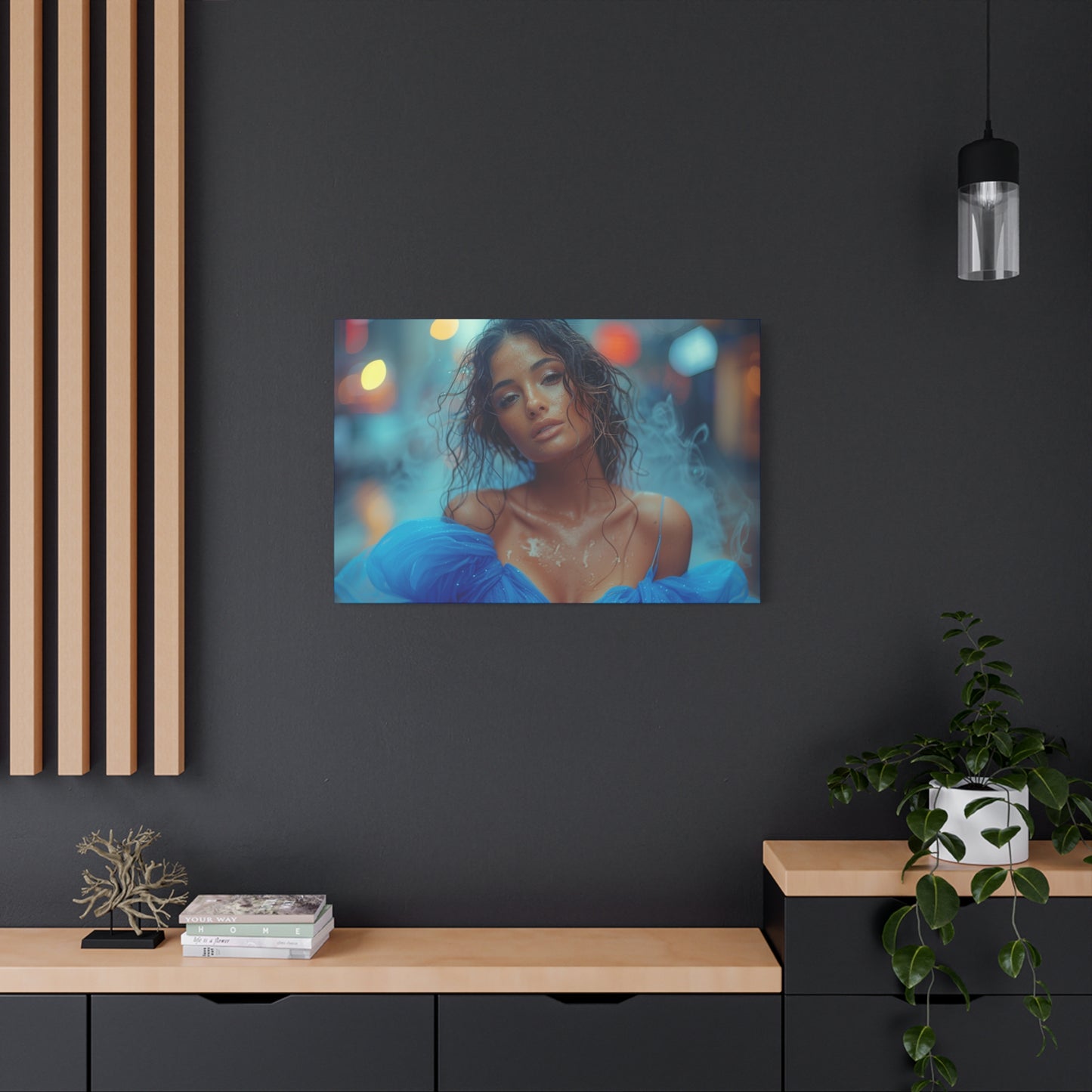 Blue Smoke Muse – Rain-Drenched Street Portrait | Luxury Wall Art Canvas