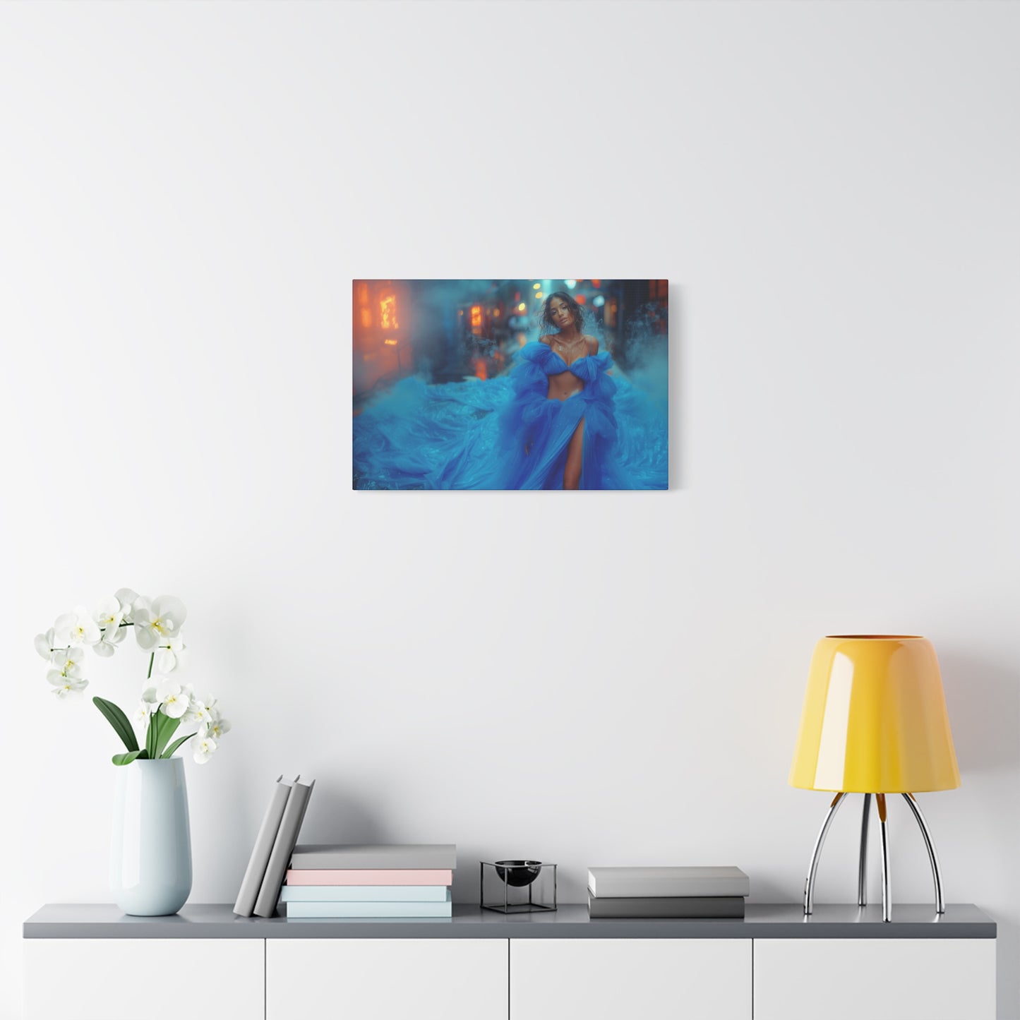 Blue Smoke Empress - Neon Rain Gown | Luxury Wall Art Canvas