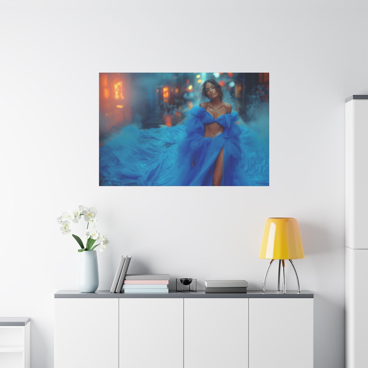 Blue Smoke Empress - Neon Rain Gown | Luxury Wall Art Canvas