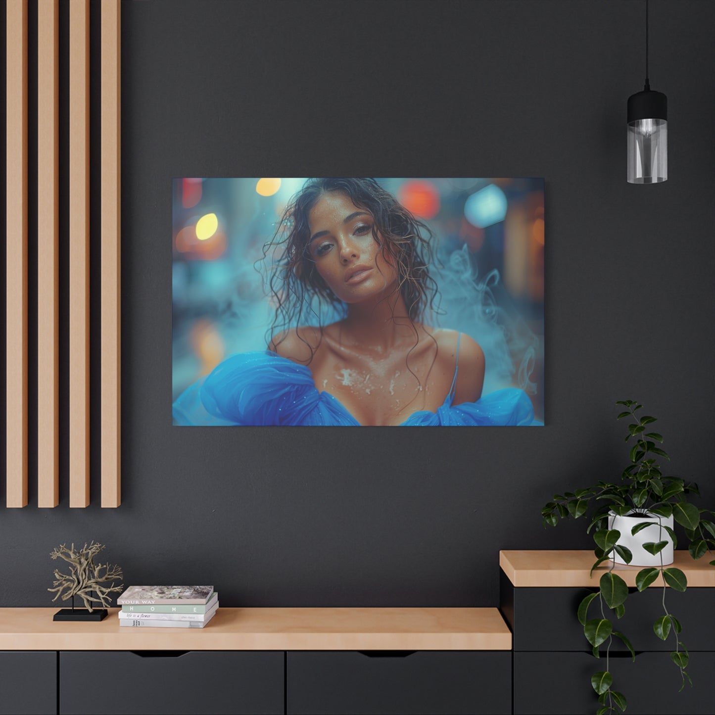 Blue Smoke Muse – Rain-Drenched Street Portrait | Luxury Wall Art Canvas