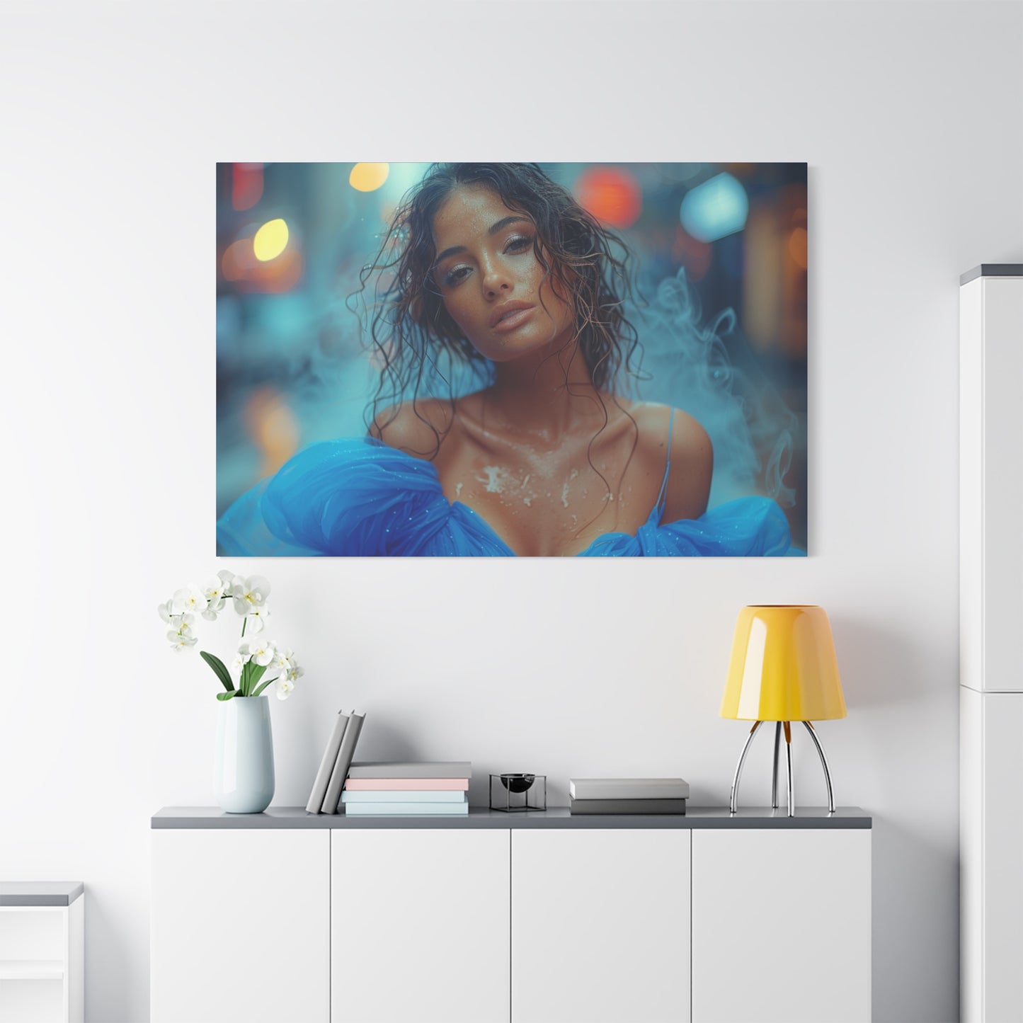 Blue Smoke Muse – Rain-Drenched Street Portrait | Luxury Wall Art Canvas