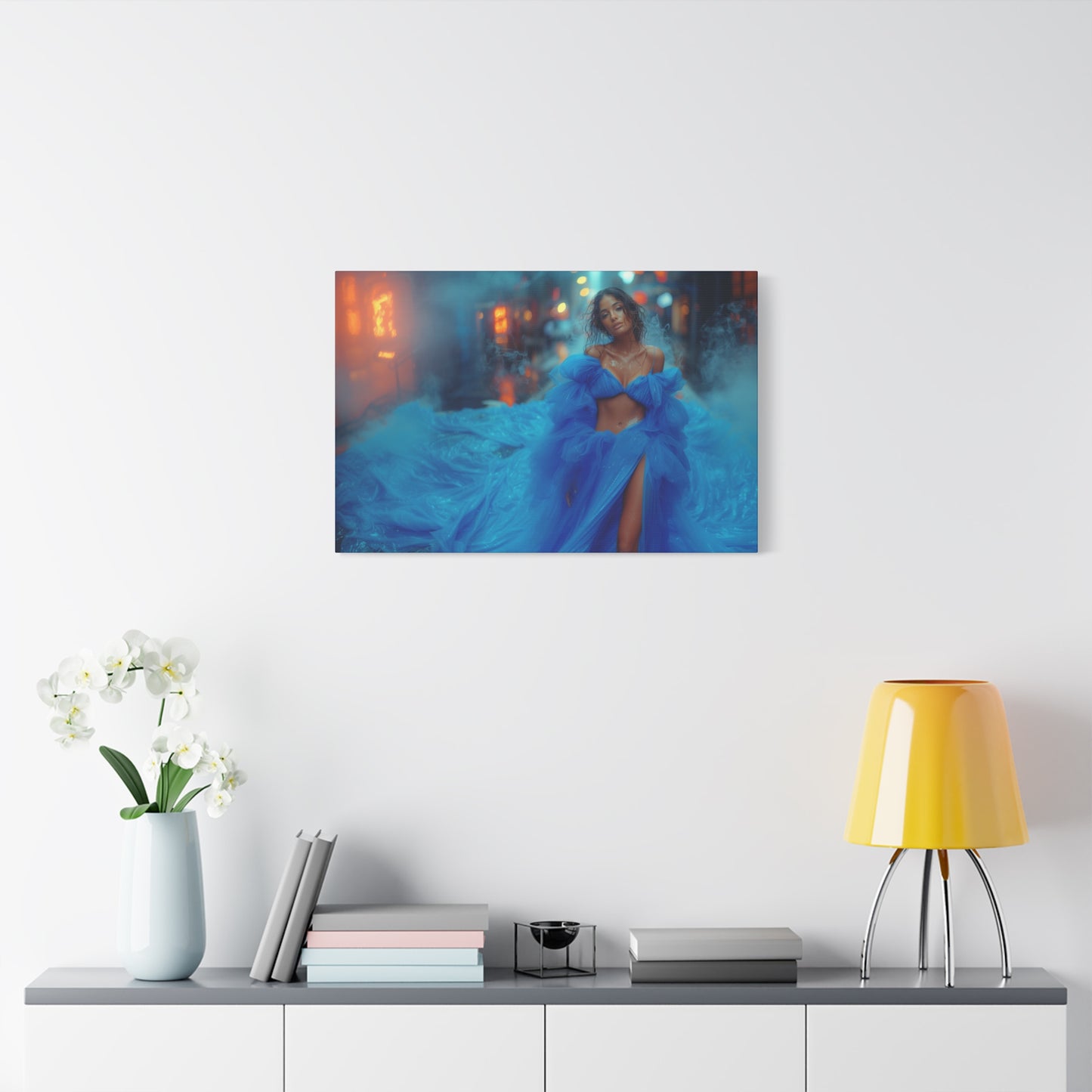 Blue Smoke Empress - Neon Rain Gown | Luxury Wall Art Canvas