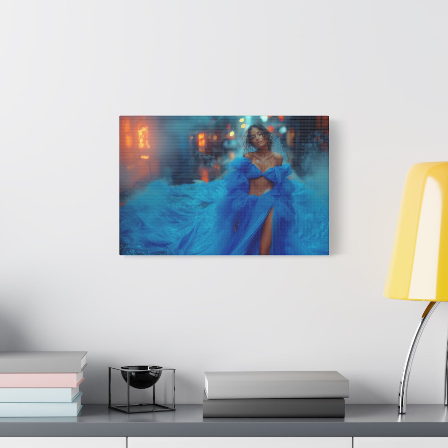 Blue Smoke Empress - Neon Rain Gown | Luxury Wall Art Canvas