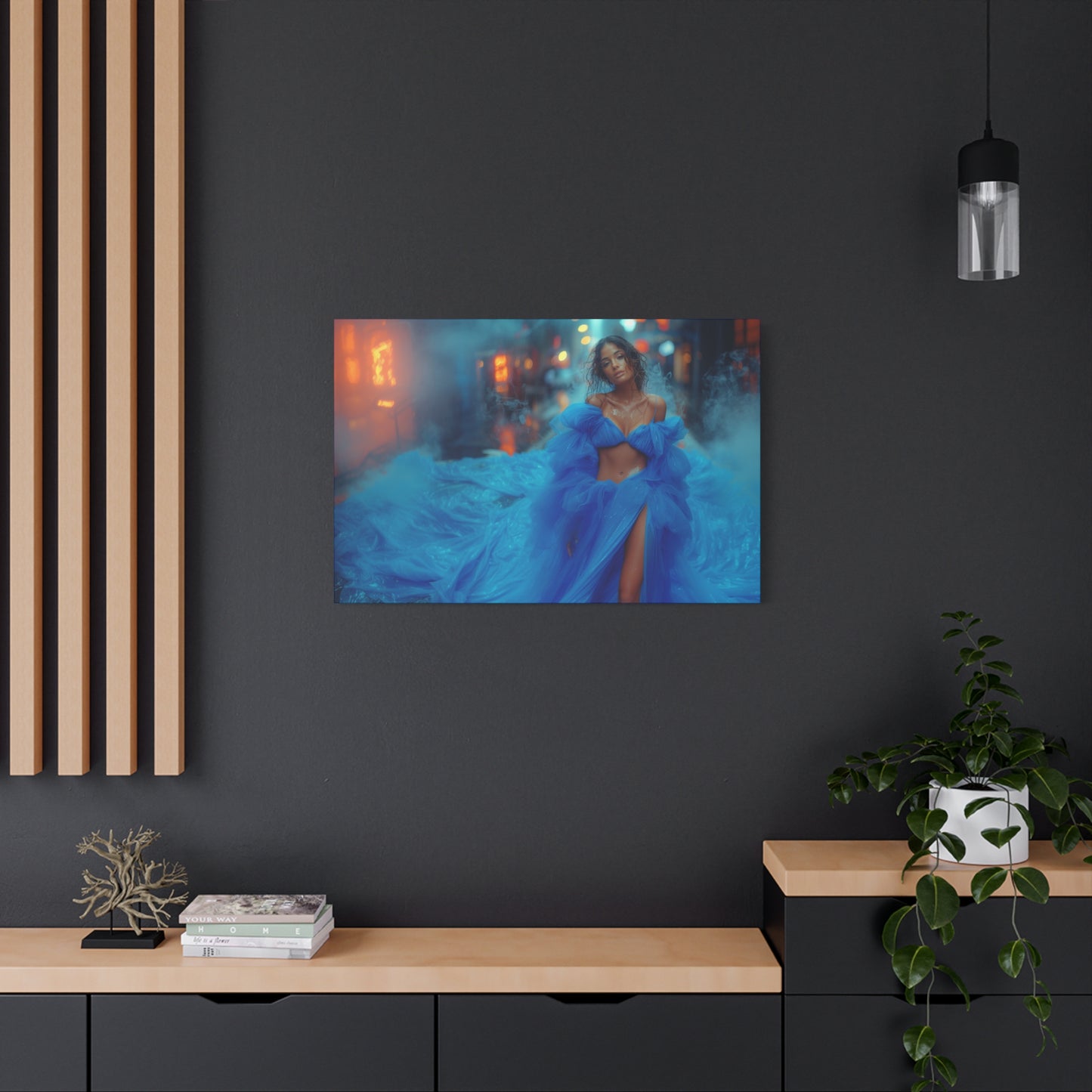 Blue Smoke Empress - Neon Rain Gown | Luxury Wall Art Canvas