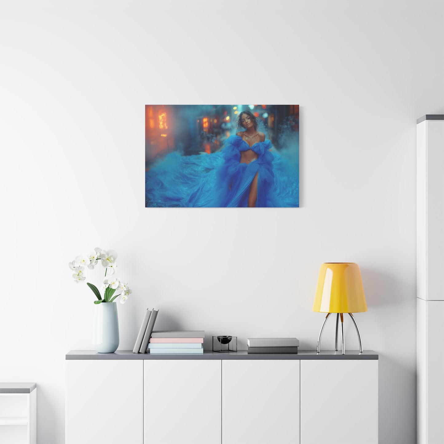 Blue Smoke Empress - Neon Rain Gown | Luxury Wall Art Canvas