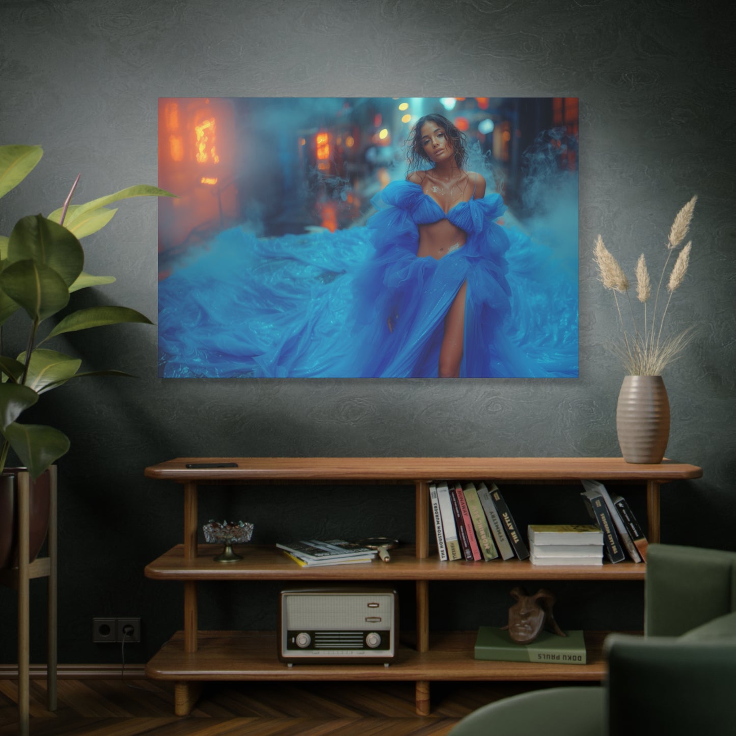 Blue Smoke Empress - Neon Rain Gown | Luxury Wall Art Canvas