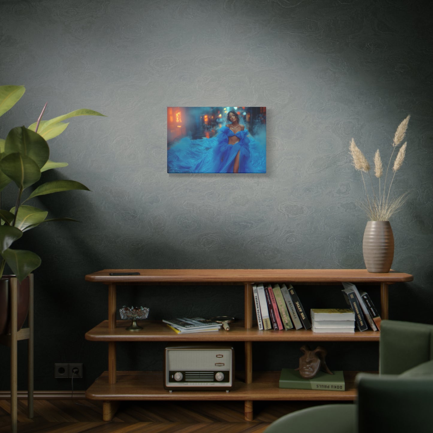 Blue Smoke Empress - Neon Rain Gown | Luxury Wall Art Canvas