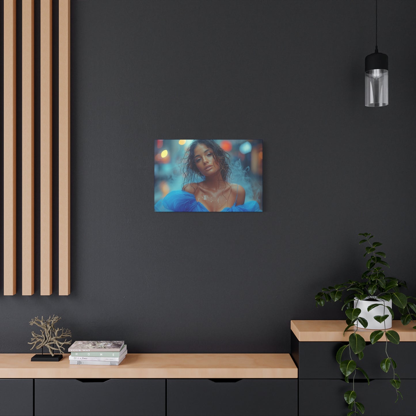 Blue Smoke Muse – Rain-Drenched Street Portrait | Luxury Wall Art Canvas