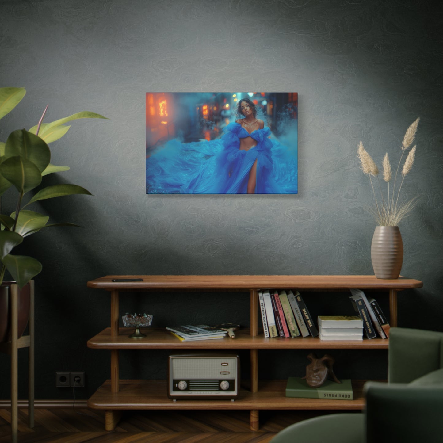 Blue Smoke Empress - Neon Rain Gown | Luxury Wall Art Canvas