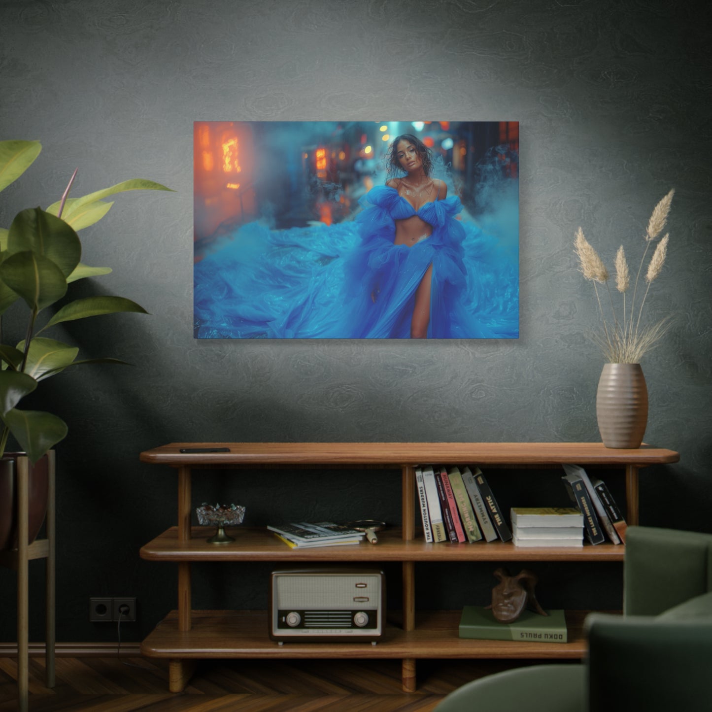 Blue Smoke Empress - Neon Rain Gown | Luxury Wall Art Canvas