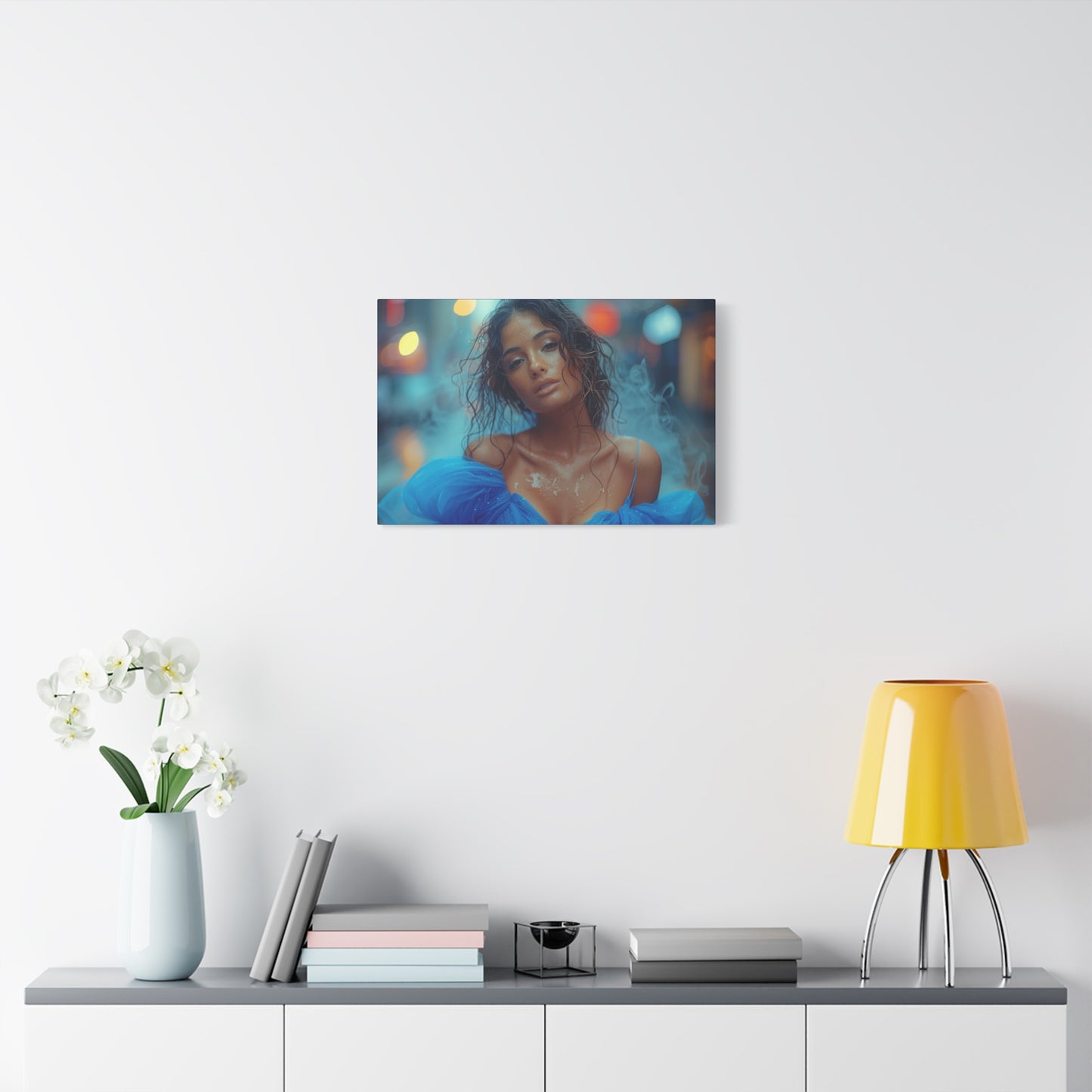 Blue Smoke Muse – Rain-Drenched Street Portrait | Luxury Wall Art Canvas