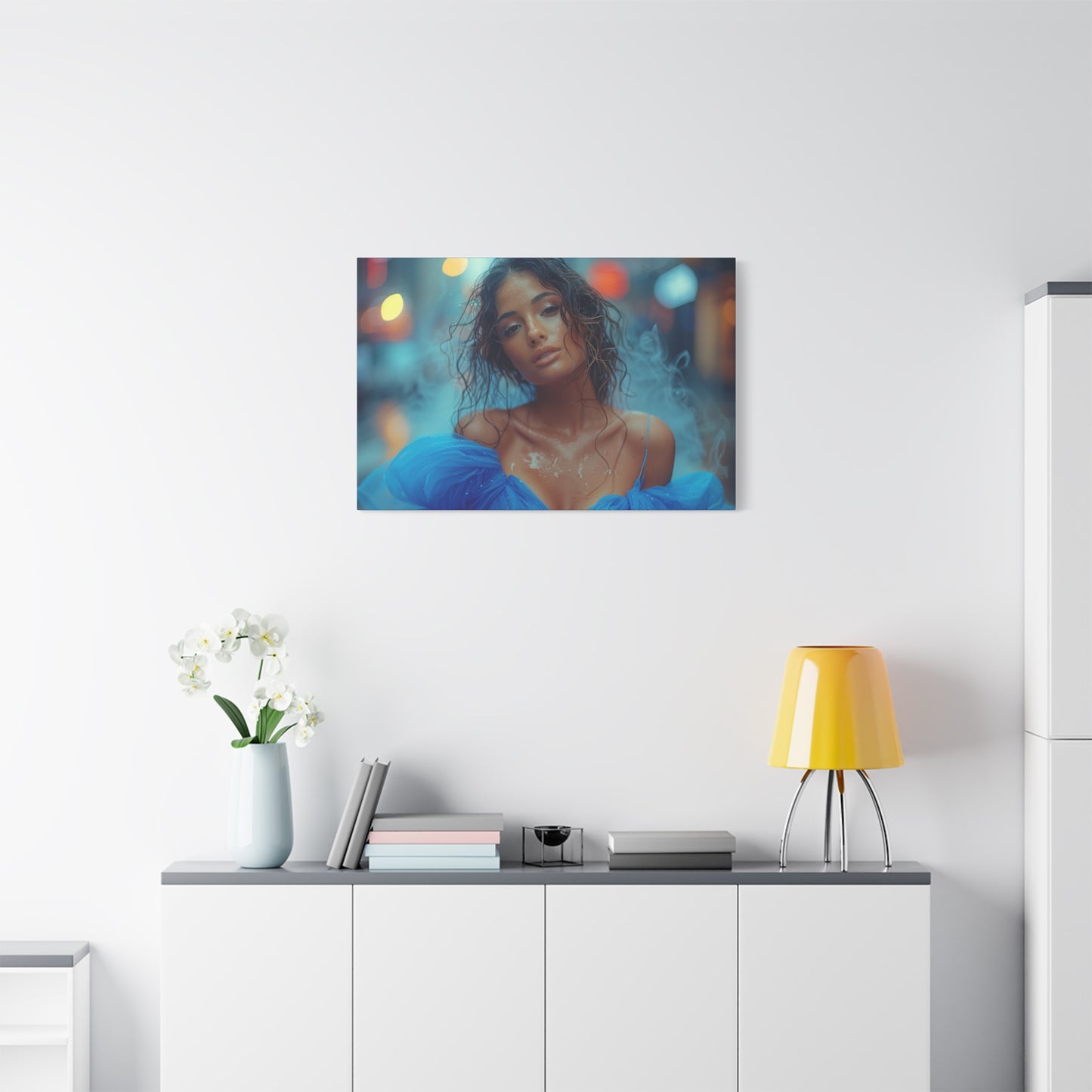 Blue Smoke Muse – Rain-Drenched Street Portrait | Luxury Wall Art Canvas