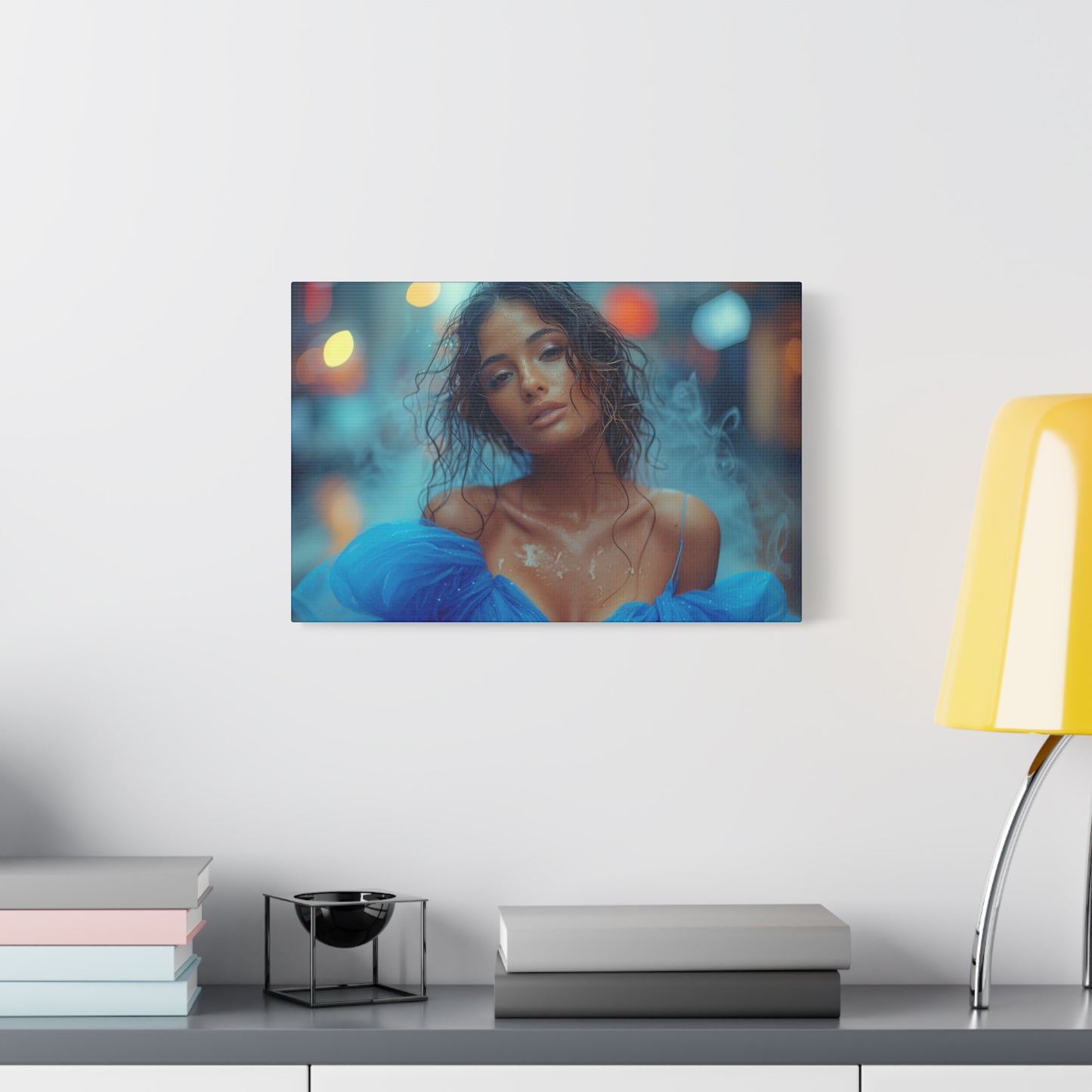 Blue Smoke Muse – Rain-Drenched Street Portrait | Luxury Wall Art Canvas