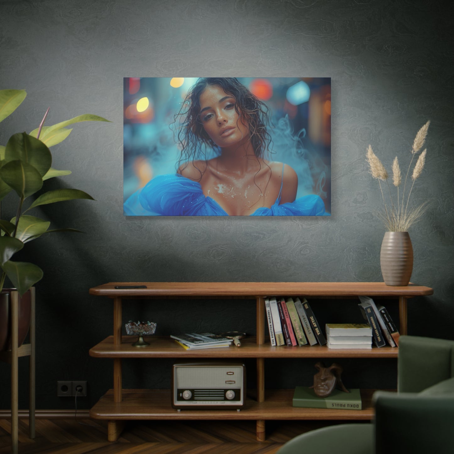Blue Smoke Muse – Rain-Drenched Street Portrait | Luxury Wall Art Canvas