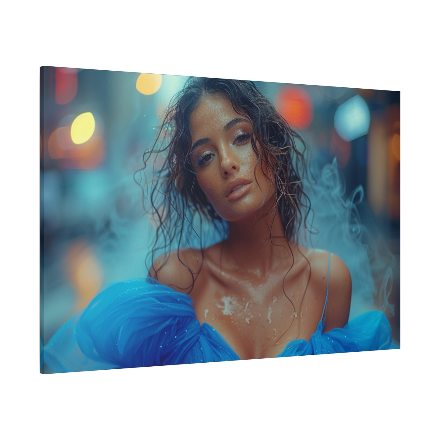Blue Smoke Muse – Rain-Drenched Street Portrait | Luxury Wall Art Canvas