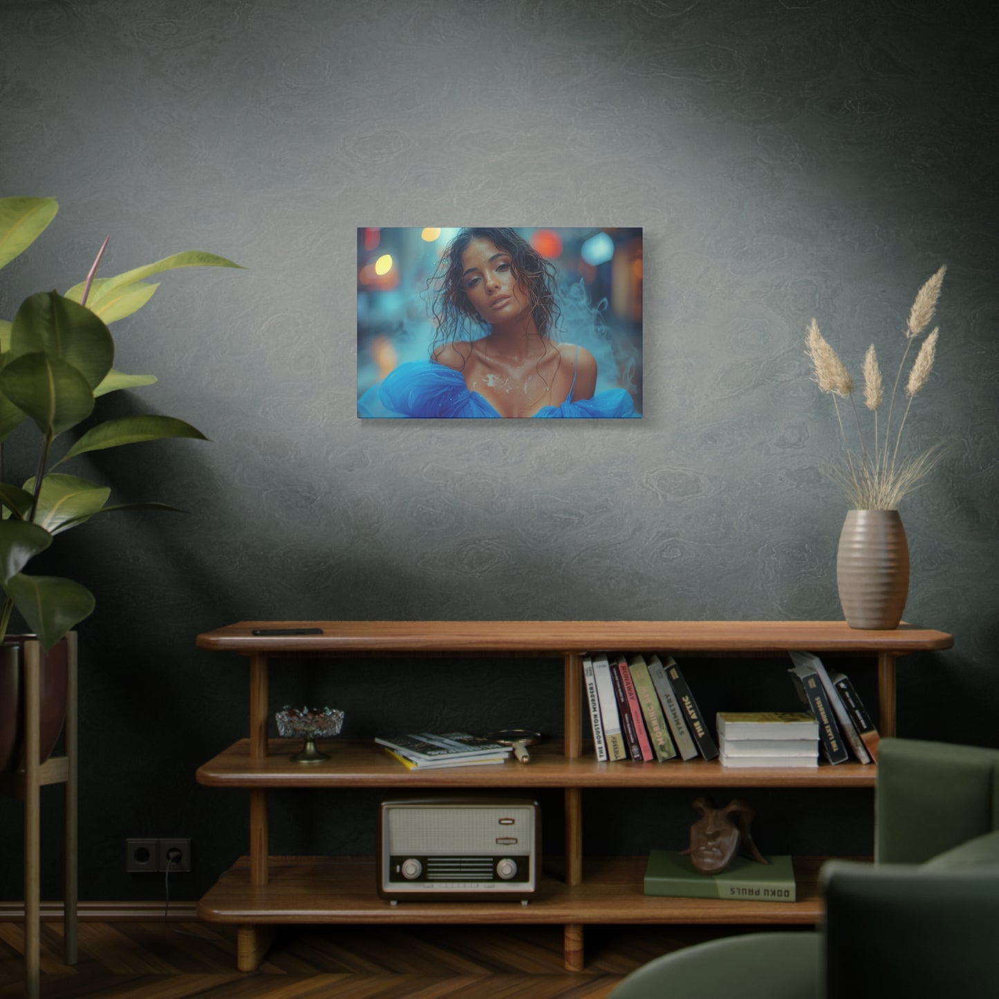 Blue Smoke Muse – Rain-Drenched Street Portrait | Luxury Wall Art Canvas