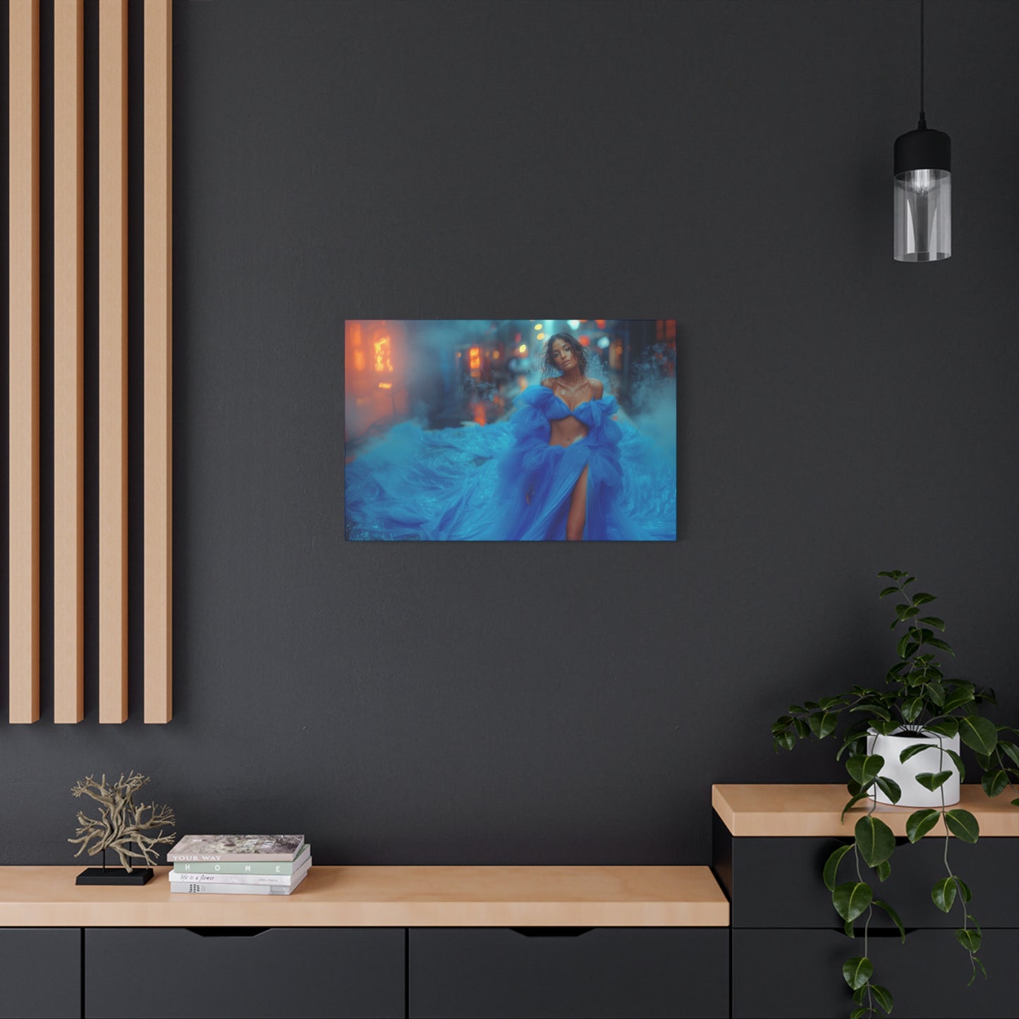 Blue Smoke Empress - Neon Rain Gown | Luxury Wall Art Canvas