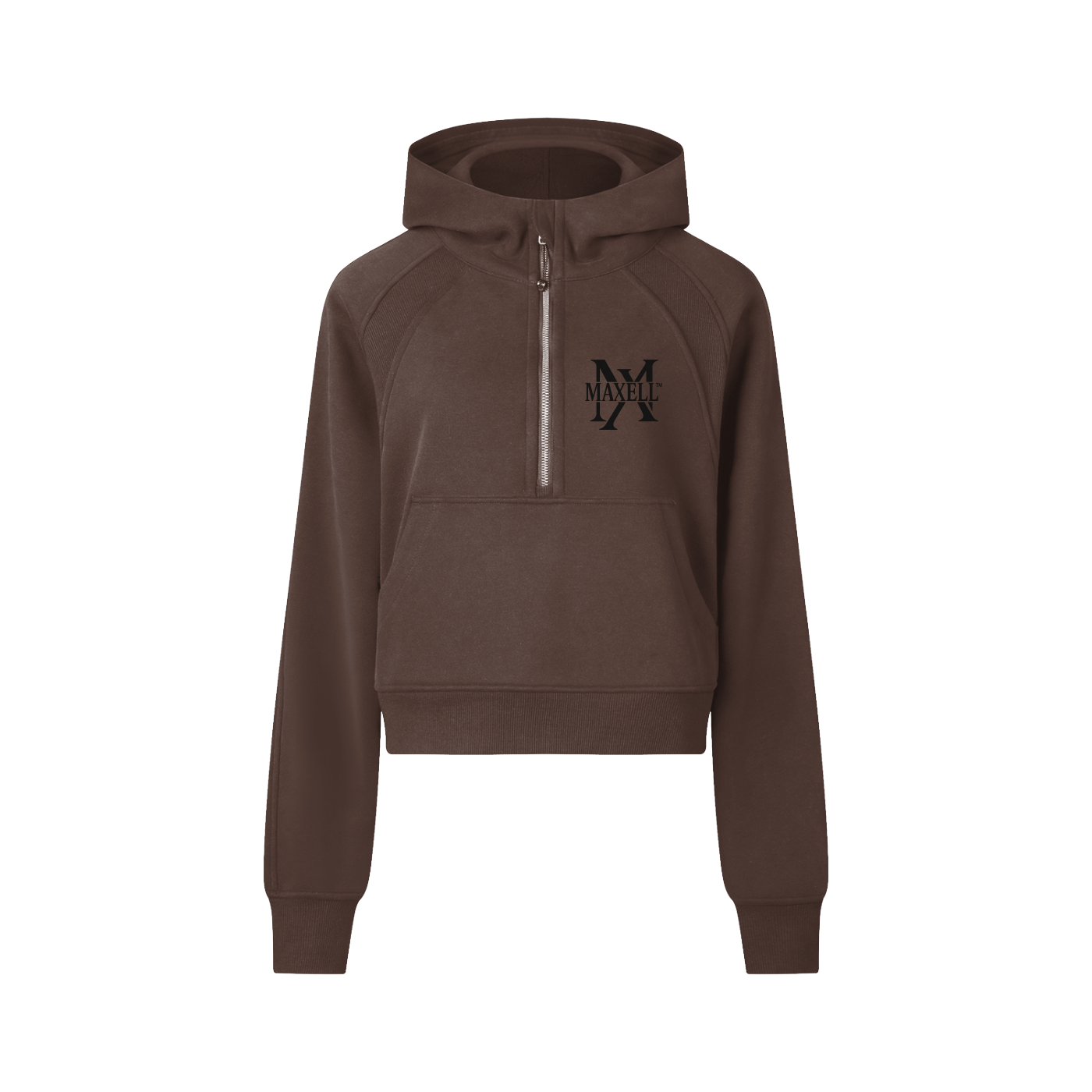 Brown hoodie with a logo on the chest against a white background