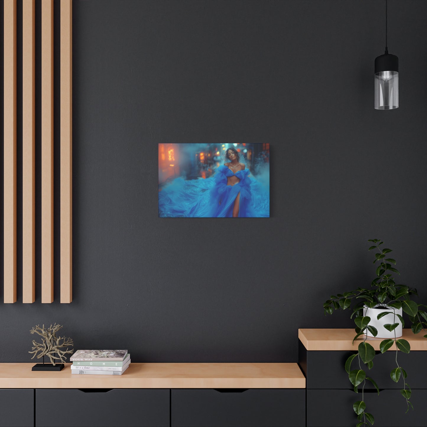 Blue Smoke Empress - Neon Rain Gown | Luxury Wall Art Canvas