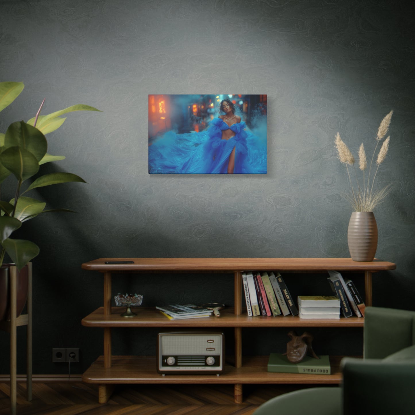 Blue Smoke Empress - Neon Rain Gown | Luxury Wall Art Canvas