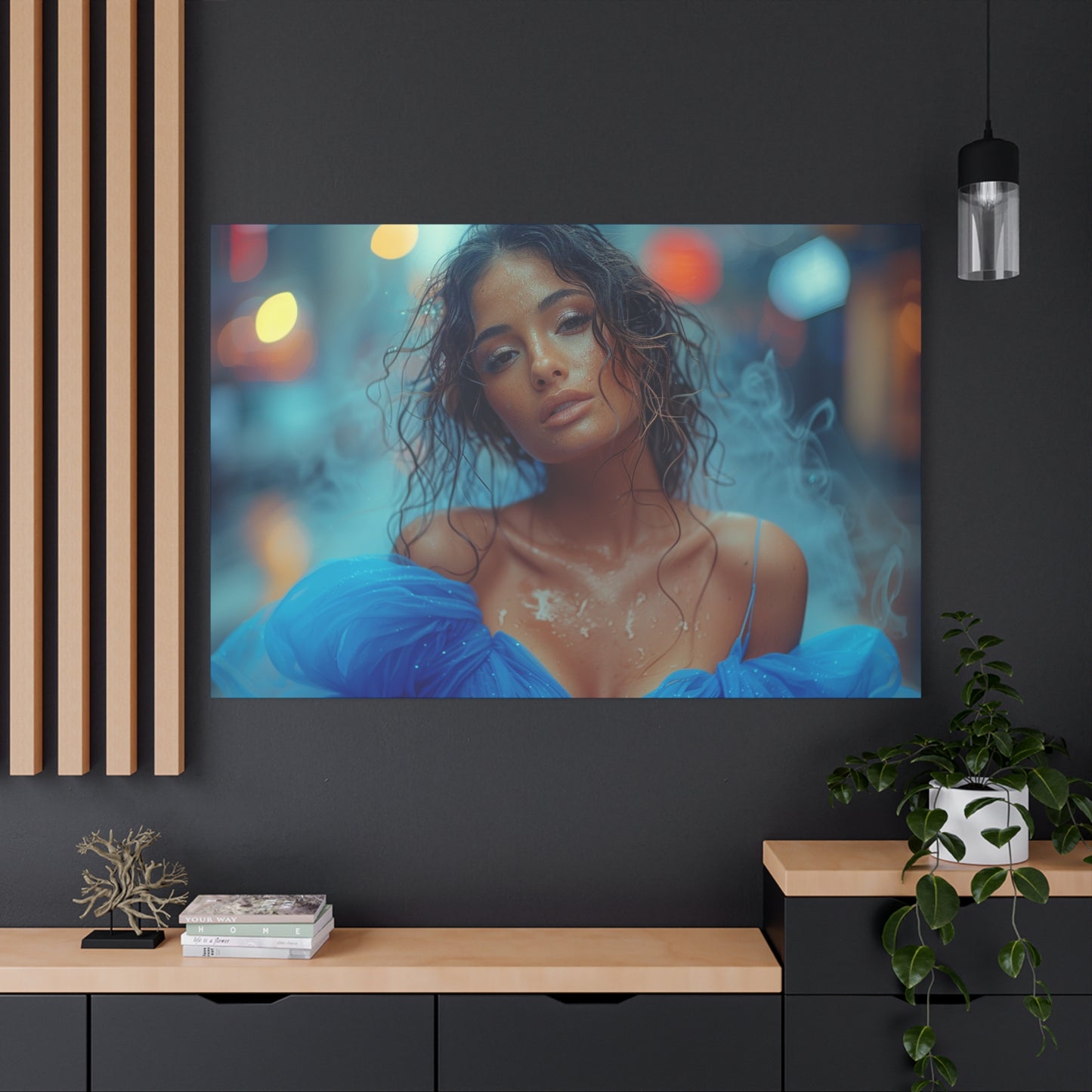 Blue Smoke Muse – Rain-Drenched Street Portrait | Luxury Wall Art Canvas