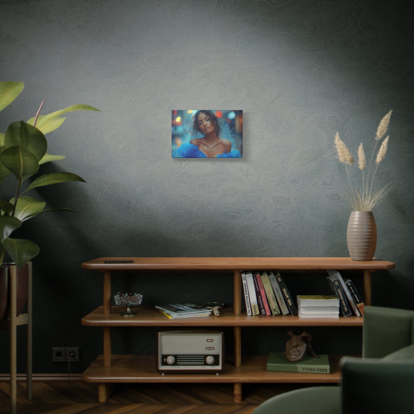 Blue Smoke Muse – Rain-Drenched Street Portrait | Luxury Wall Art Canvas