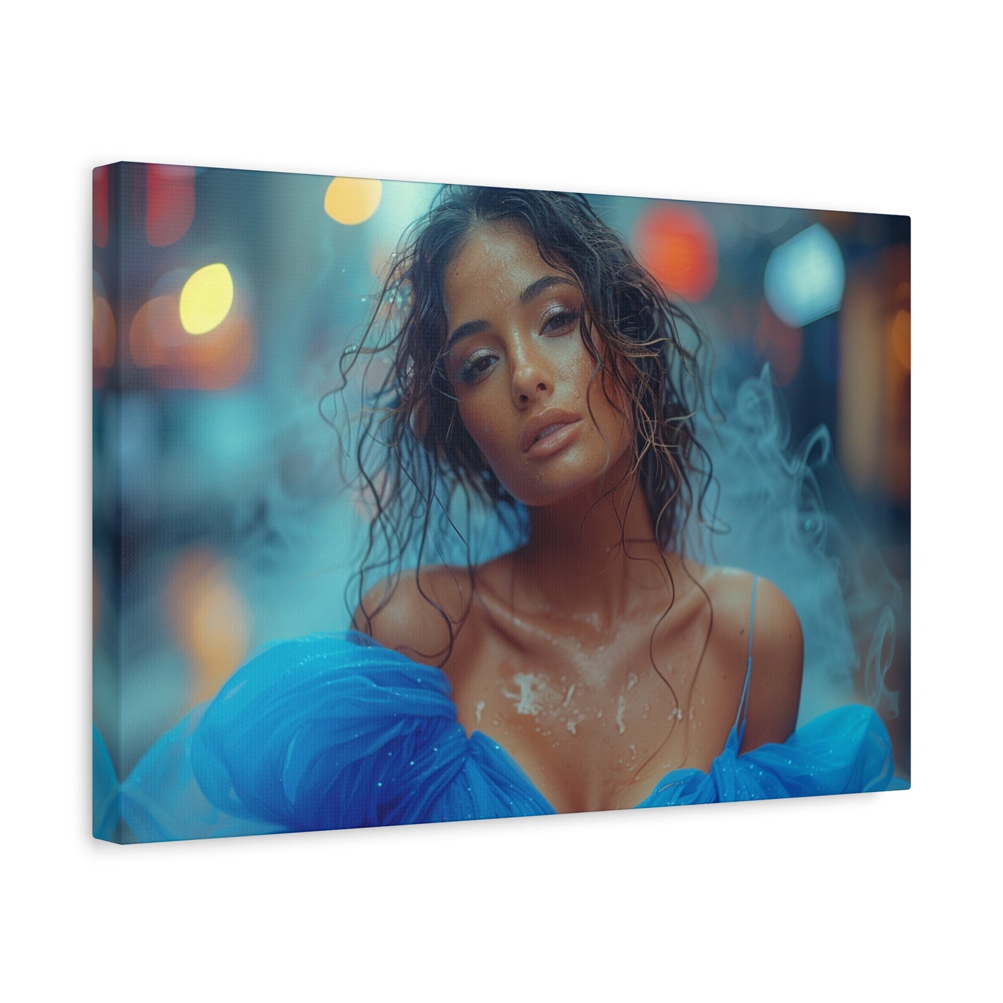 Blue Smoke Muse – Rain-Drenched Street Portrait | Luxury Wall Art Canvas