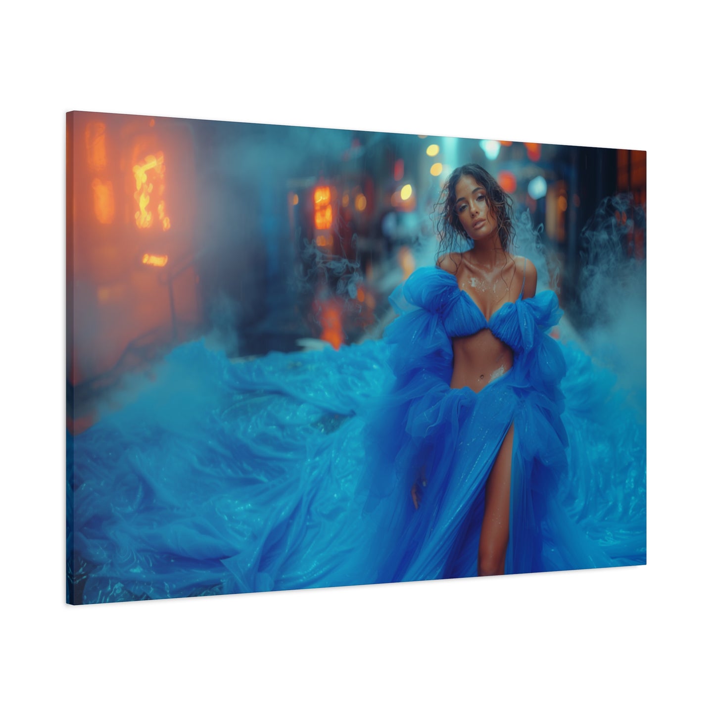 Blue Smoke Empress - Neon Rain Gown | Luxury Wall Art Canvas