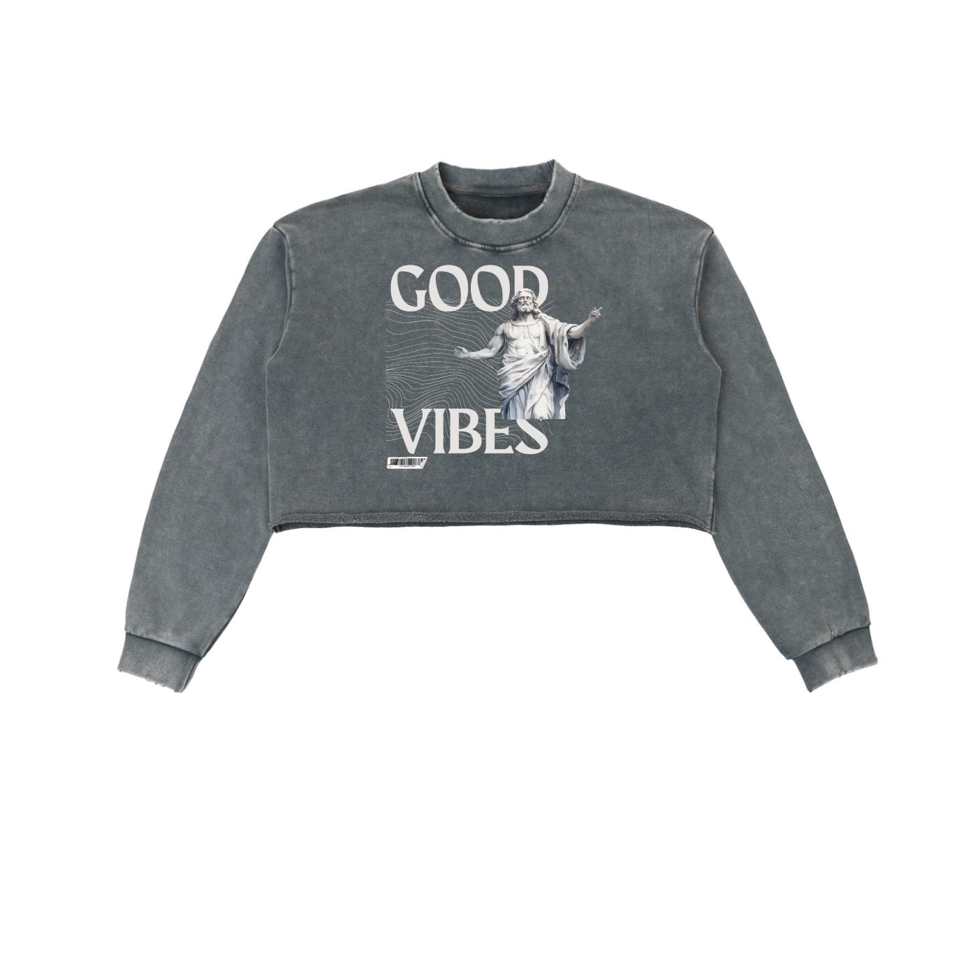 Gray sweatshirt with 'Good Vibes' text and graphic on a white background