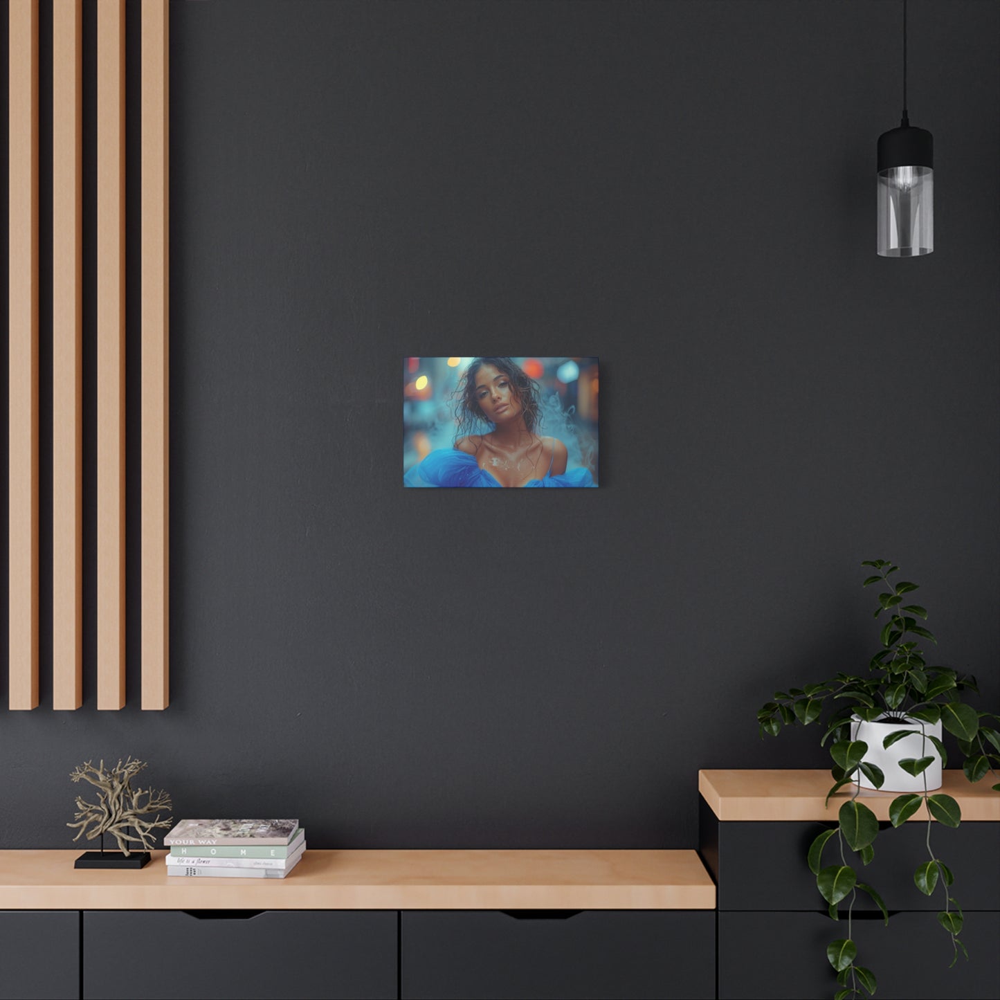 Blue Smoke Muse – Rain-Drenched Street Portrait | Luxury Wall Art Canvas