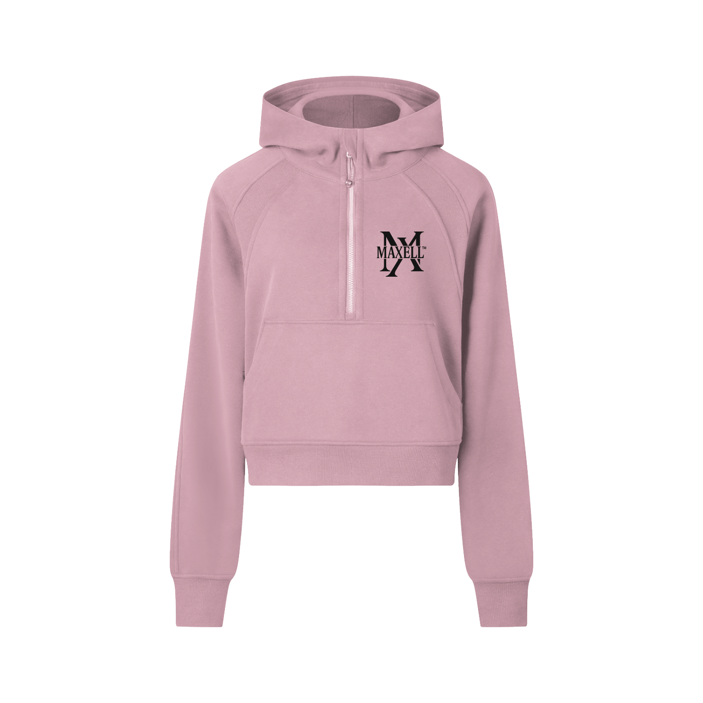 Pink hoodie with a logo on the chest against a white background