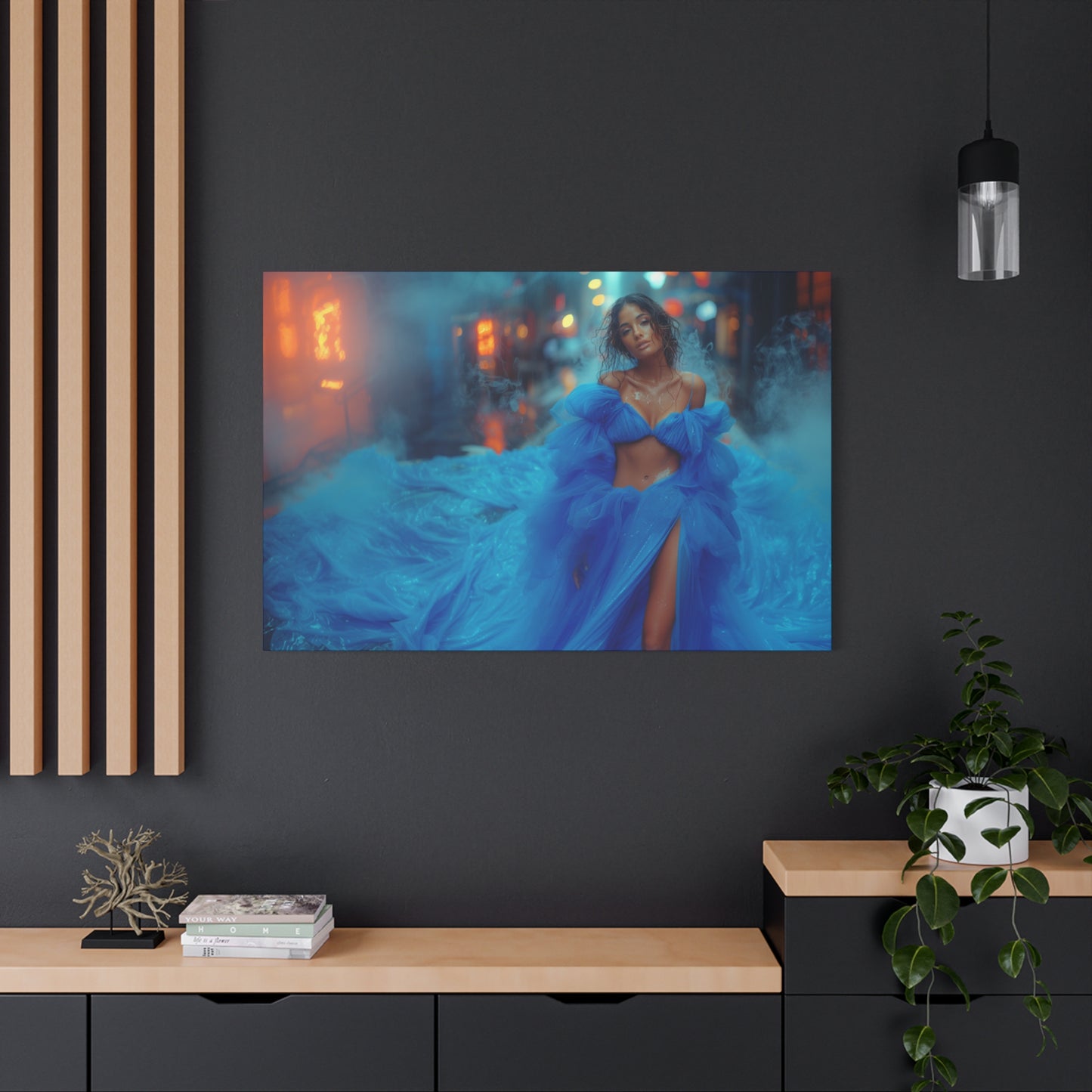 Blue Smoke Empress - Neon Rain Gown | Luxury Wall Art Canvas