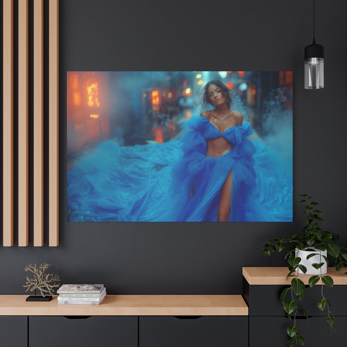 Blue Smoke Empress - Neon Rain Gown | Luxury Wall Art Canvas