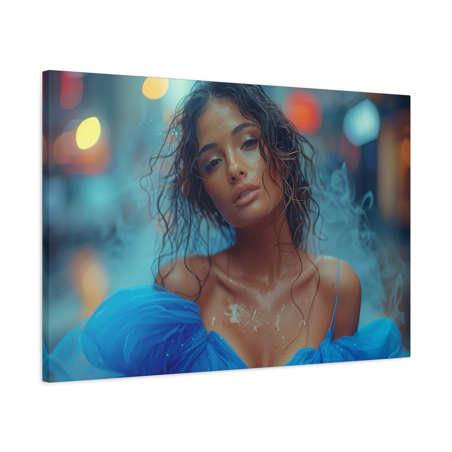 Blue Smoke Muse – Rain-Drenched Street Portrait | Luxury Wall Art Canvas