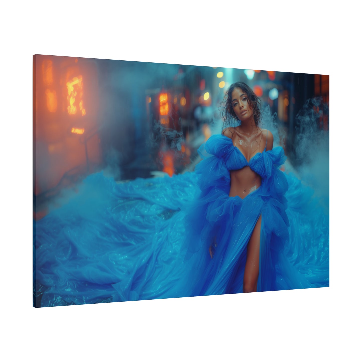 Blue Smoke Empress - Neon Rain Gown | Luxury Wall Art Canvas