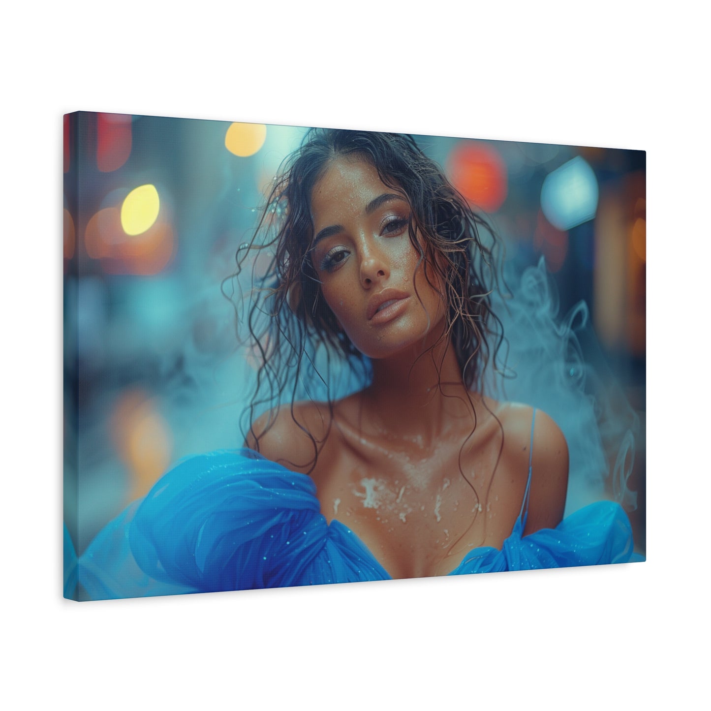Blue Smoke Muse – Rain-Drenched Street Portrait | Luxury Wall Art Canvas
