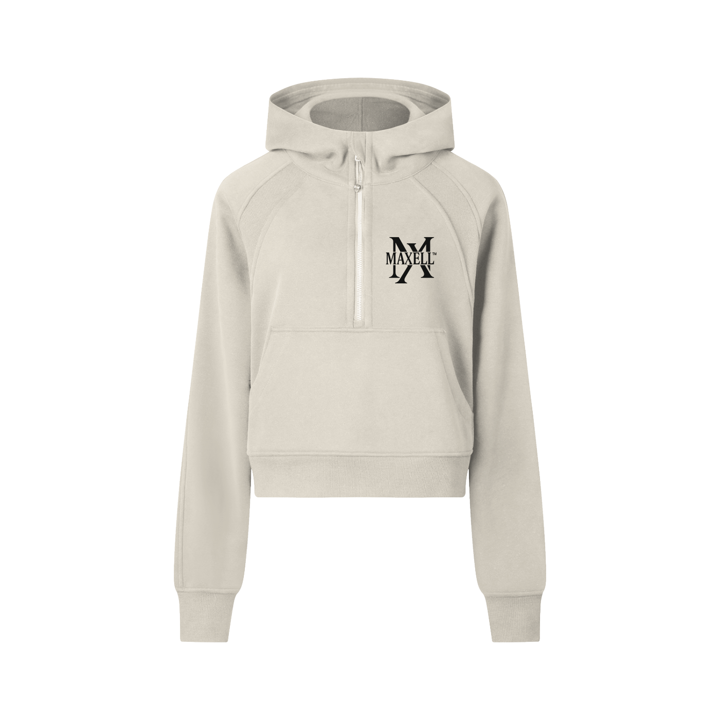 Beige hoodie with a logo on the chest against a white background