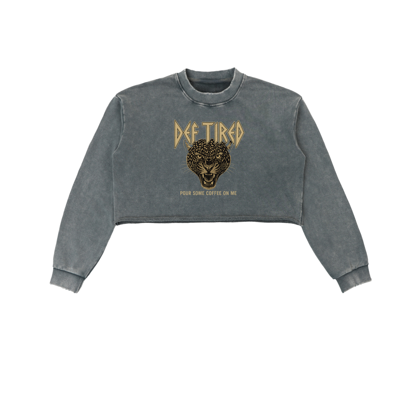 Gray sweatshirt with 'Def Tired' graphic design on a white background