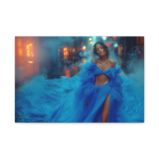 Blue Smoke Empress - Neon Rain Gown | Luxury Wall Art Canvas