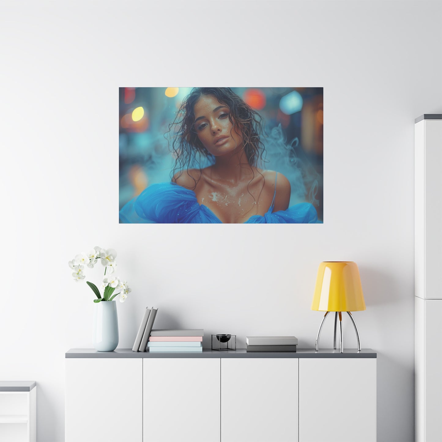 Blue Smoke Muse – Rain-Drenched Street Portrait | Luxury Wall Art Canvas