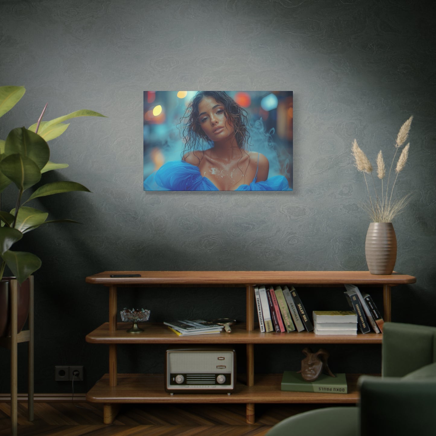 Blue Smoke Muse – Rain-Drenched Street Portrait | Luxury Wall Art Canvas