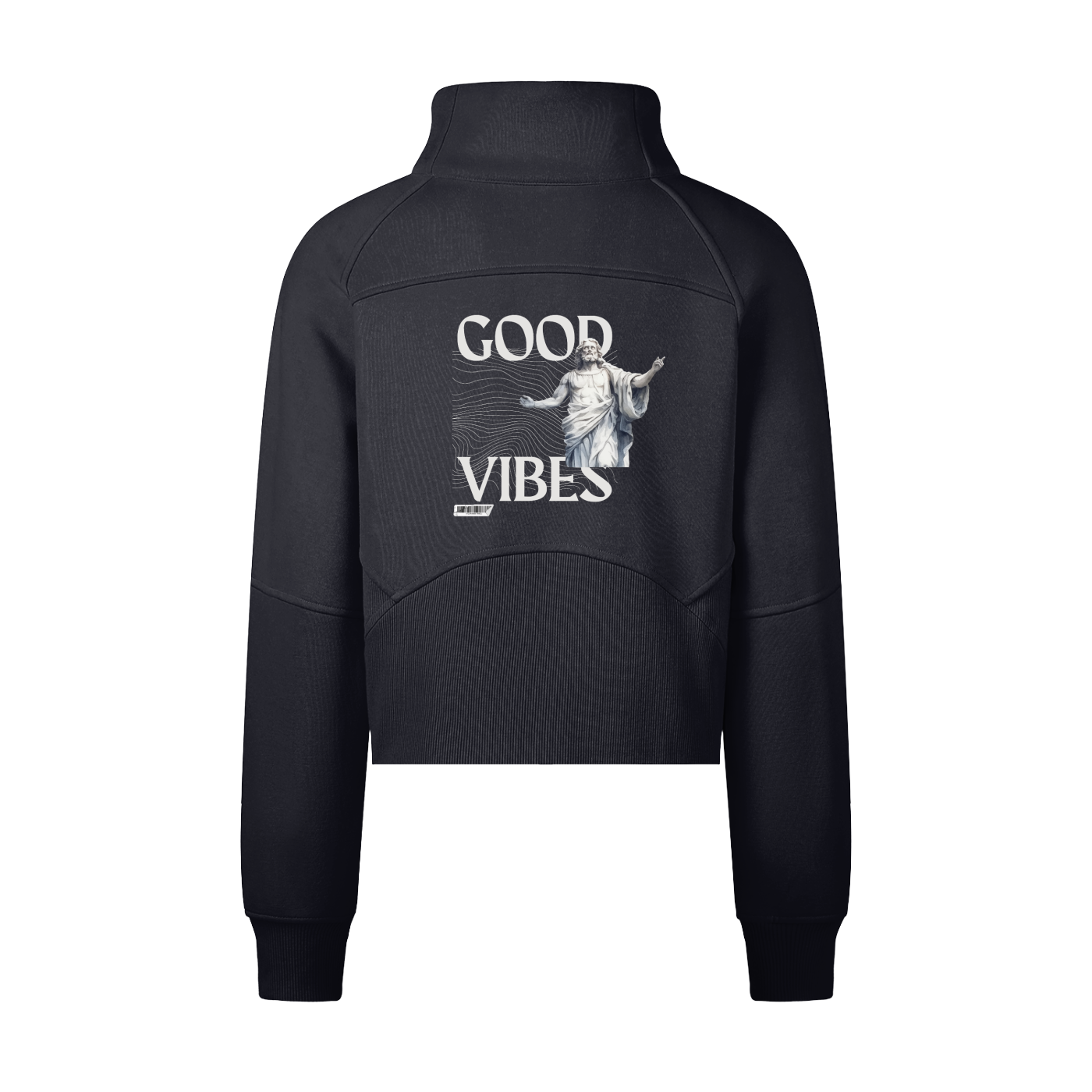 Black sweatshirt with 'Good Vibes' text and graphic on a white background