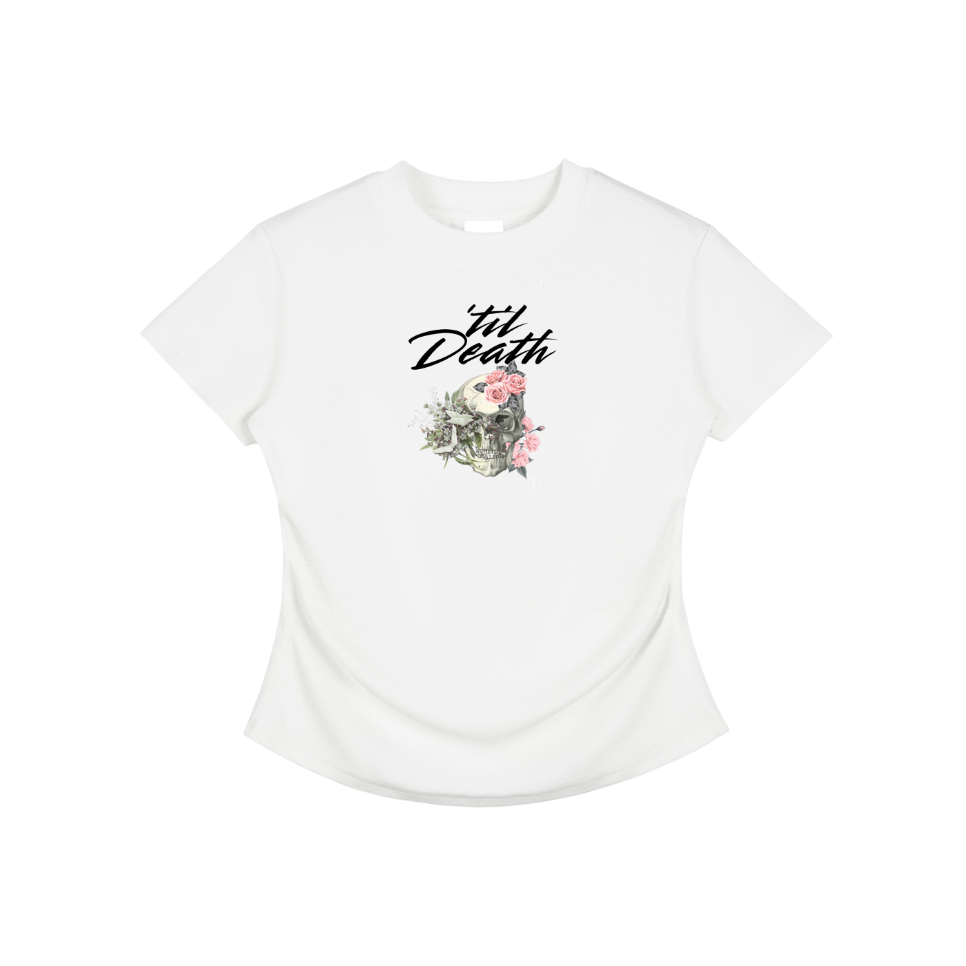 White t-shirt with floral design and text on a white background