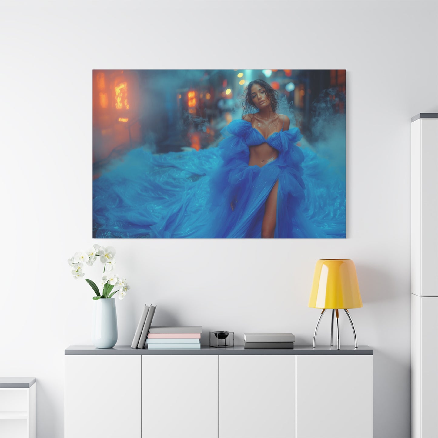 Blue Smoke Empress - Neon Rain Gown | Luxury Wall Art Canvas