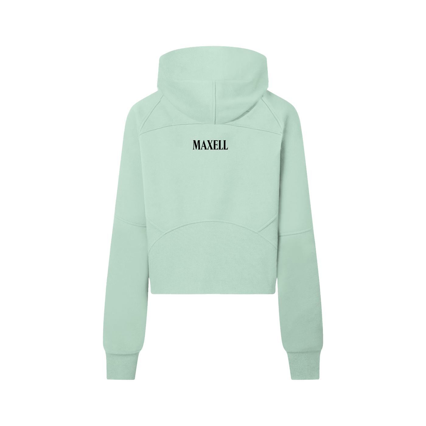 Light green hoodie with 'MAXELL' branding on the back against a white background