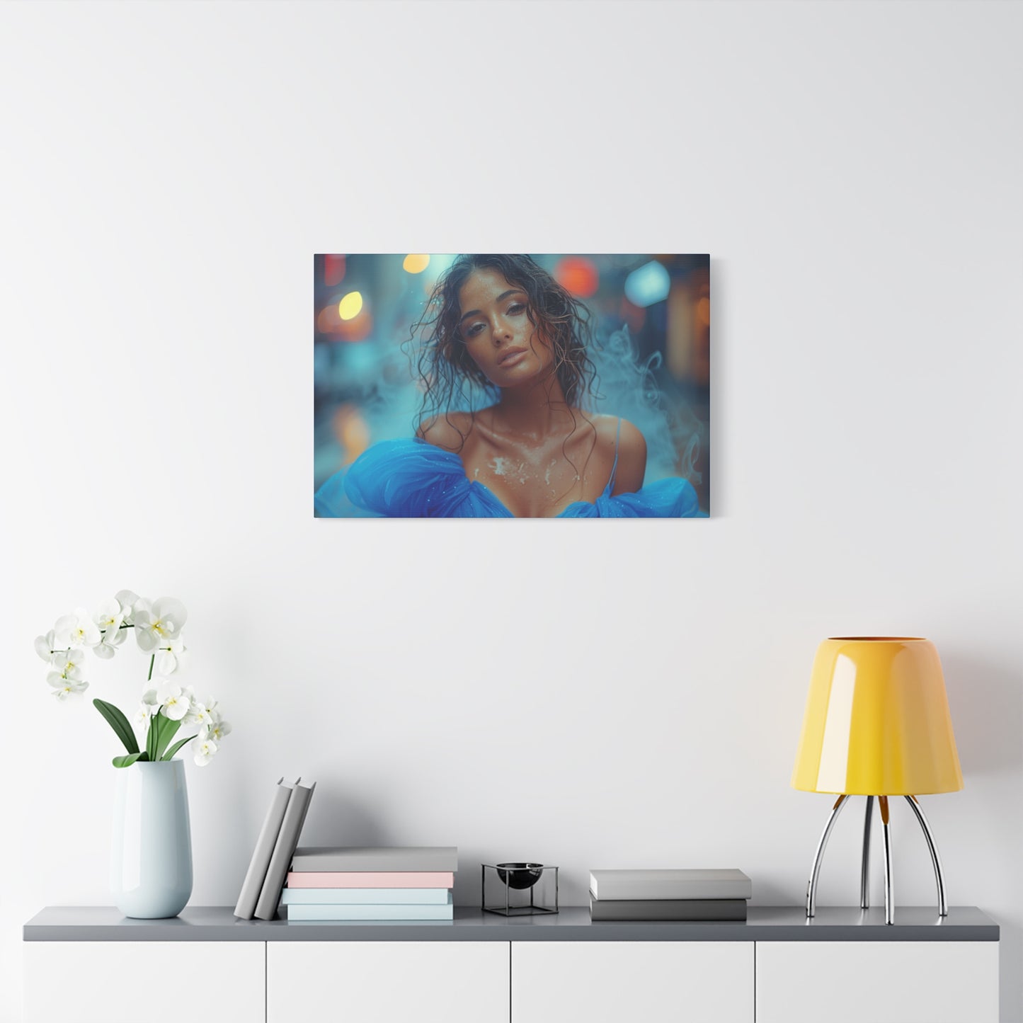 Blue Smoke Muse – Rain-Drenched Street Portrait | Luxury Wall Art Canvas