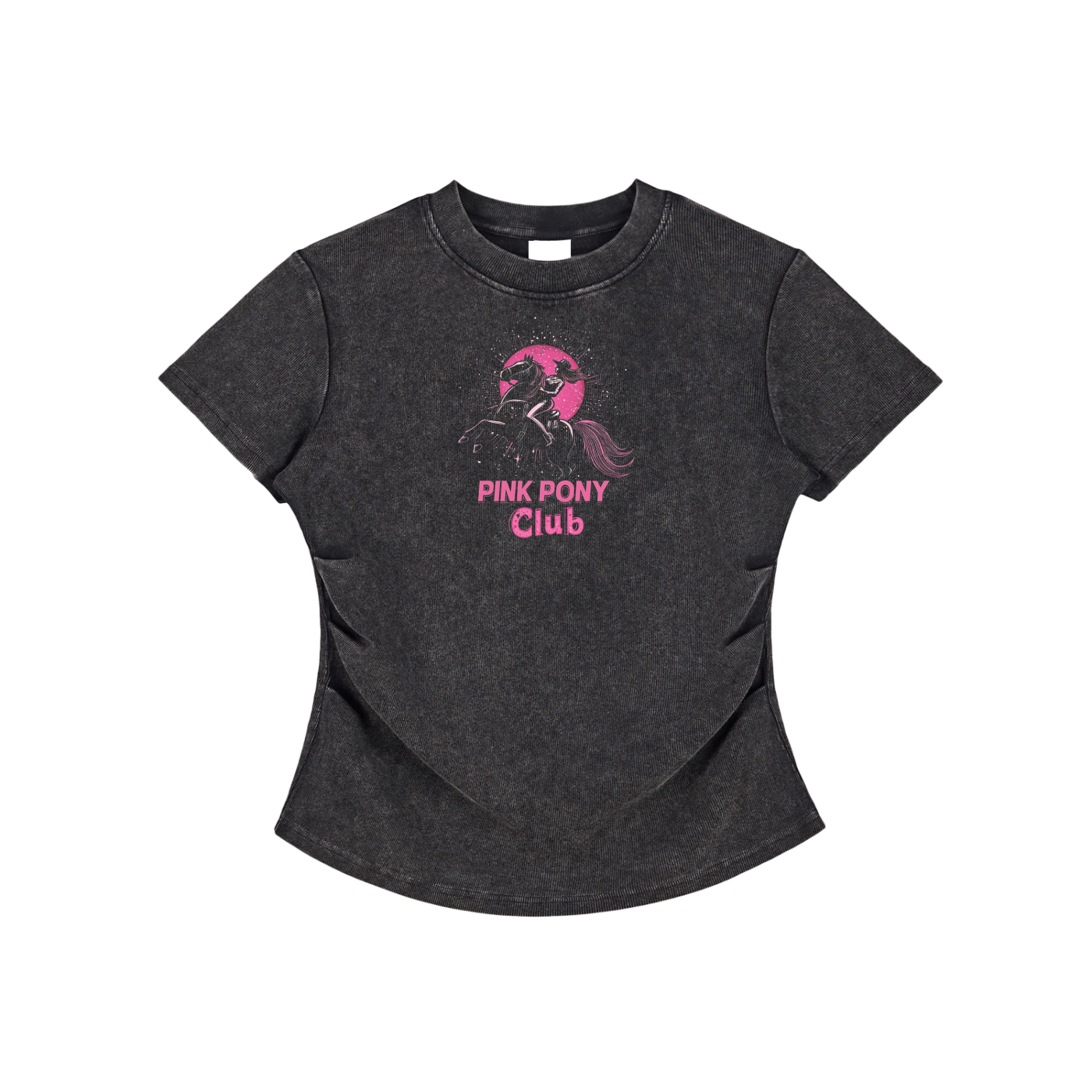 Dark gray t-shirt with pink 'Pink Pony Club' graphic on a white background