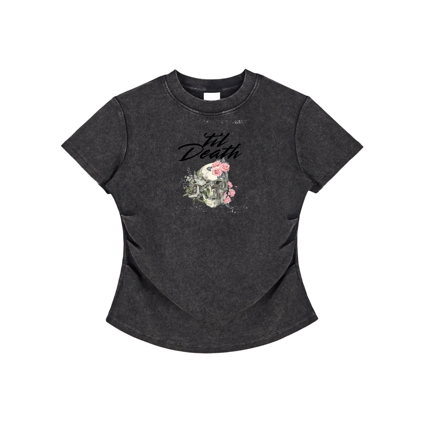 Dark gray t-shirt with skull and floral design on a white background